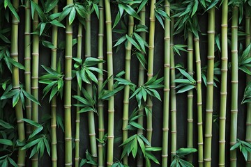 Obraz premium A bamboo wall with green leaves, dark background, and numerous bamboo stalks arranged in rows. The bamboo is fresh and lush, giving it an organic feel. It has a natural texture that adds depth