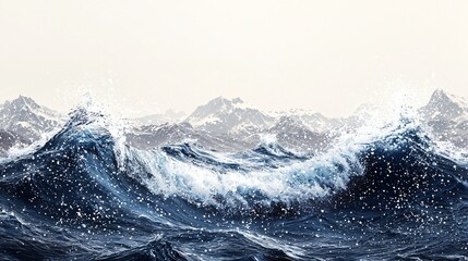 Ocean waves crashing against snowy mountains