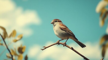 Obraz premium A small brown and beige bird perches on a twig against a bright blue sky. The peaceful scene evokes a sense of calm and serenity.