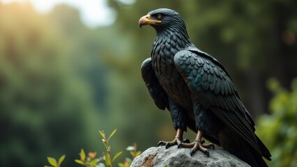 Fototapeta premium A detailed eagle statue perched on a rock with a blurred natural background.