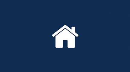 Minimalist vector illustration, a simple icon of a house, solid white shape, against a navy blue square background, clean lines, flat style.