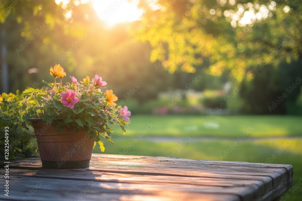 Poster bright flowers in a pot on a wooden table during sunset in a serene garden setting. generative ai