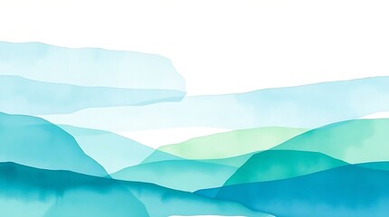 Fototapeta premium Minimalist watercolor painting of an abstract landscape, consisting of overlapping translucent washes of blues and greens, rendered on thick, textured paper.
