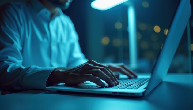 Typing on Laptop in Dark Blue Light at Night Working