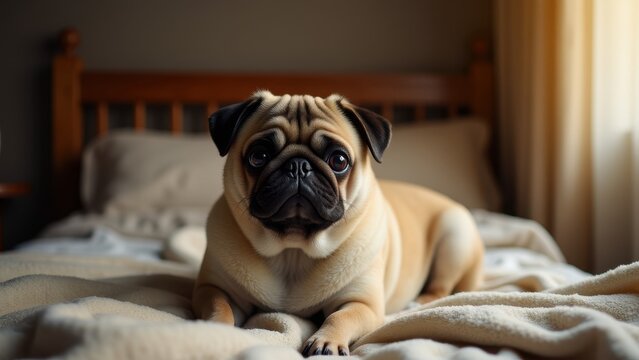 A fat pug lies comfortably on a bed, looking directly at the camera with large, expressive eyes.