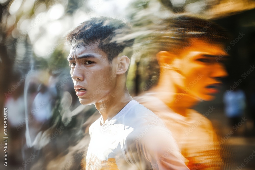 Aufkleber Runner transitions from fatigue at start line to victorious finish with high energy and motion blur effect. Generative AI