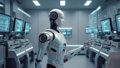 Fototapeta premium Humanoid robot with AI background, machine and future