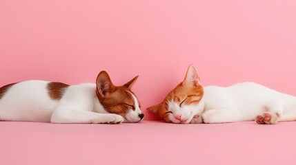 Two Cats Napping Sleeping Pink Background Isolated Adoption Shelter Care.