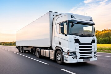 Naklejka premium White truck driving on the highway winding through forested landscape in autumn colors at sunset