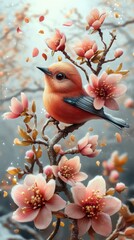 Digital Illustration of Bird Perched on Branch with Blossoming Pink Flowers and Frosty Texture in Serene Natural Setting