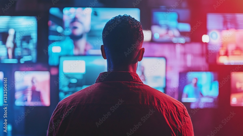 Aufkleber Programmer watching multiple screens showing code and people in modern office