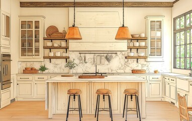 Obraz premium 3D rendering of a luxury modern farmhouse kitchen with an island and barstools in light wood, white cabinets, and a marble backsplash. Soft, warm lighting illuminates the front view. 