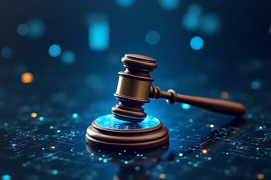 A wooden gavel rests on illuminated digital surface with bokeh lights backdrop