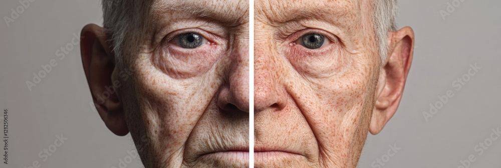 Poster transformation of aging a striking comparison of youthful skin versus aged features in one face. gen