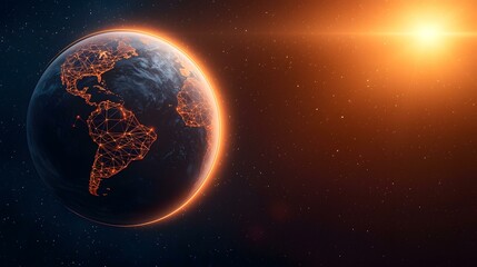 Naklejka premium The image shows a digitally enhanced view of planet Earth from space, illuminated by a bright sun. A network of glowing orange lines connects various points across the continents, representing globa