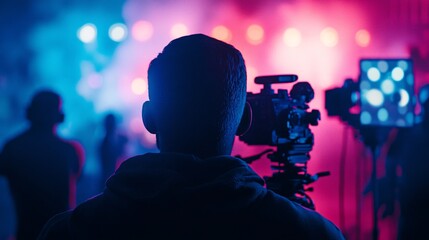 Videographer recording a live concert with professional video camera