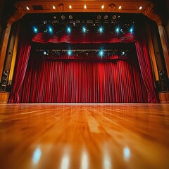Empty stage, red curtains, wooden floor, theater, performance