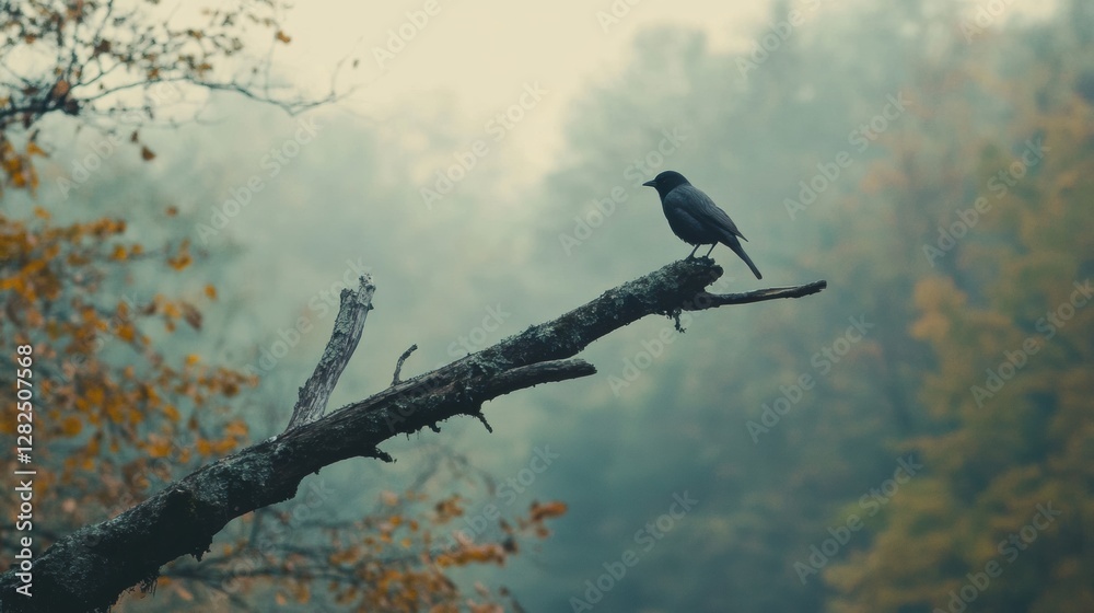 Poster lonely bird perched on a dry branch amid a foggy forest backdrop in the early morning light. generat