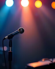 image d'un micro pour chanter ou faire des discours et à l'arrière il y a des spots lumineux et colorés, 