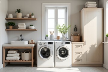 Modern Laundry Room Interior with Washer and Dryer, Open Shelving, and Natural Decor Elements in a Bright Space