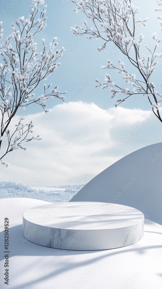 Poster marble podium displaying products on winter snowy landscape with frozen trees