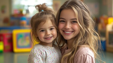 Happy Girls Smiling Together in Early Childhood Education Setting