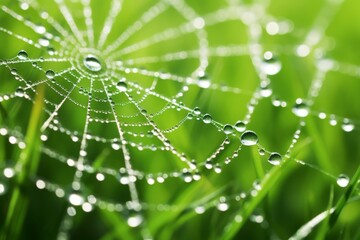 Water droplets on spider web in grassy field