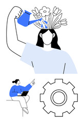 Woman watering flowers growing from her head symbolizes growth and creativity. Below, a gear for development and a woman with a laptop represents learning. Ideal for education, self-improvement
