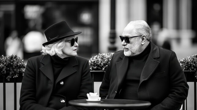 Stylish Mature Couple in Sunglasses Sitting at Outdoor Cafe Table