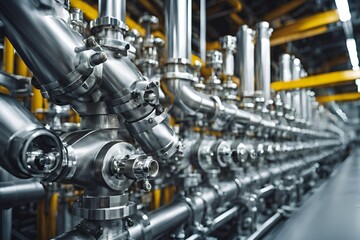 Fototapeta premium Close-up of industrial piping system, metal pipes, valves, intricate details, factory setting, clean background.