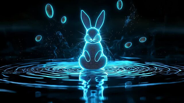 Futuristic neon Easter bunny with digital glowing patterns amidst water ripples. Cyber Easter greetings concept