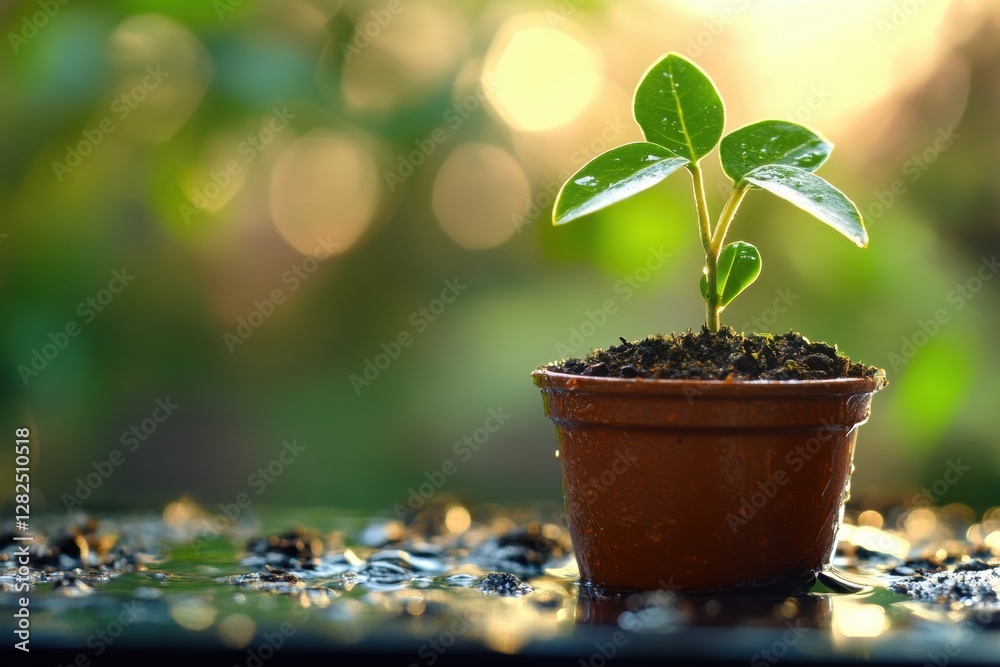 Poster small green plant in a pot surrounded by blurred greenery and soft sunlight during a serene afternoo