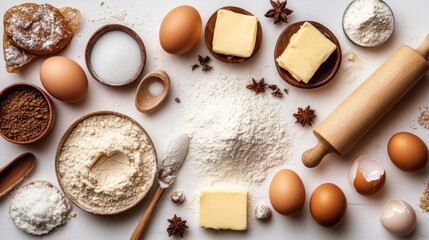 Table with various types of ingredients cooking utensils and fresh produce for meal preparation