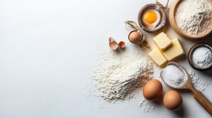 Ingredients for baking including flour sugar eggs and butter arranged on a white background