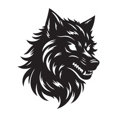 Wolf with glowing eyes in the dark silhouette  Silhouette Vector Illustration, Solid White Background.