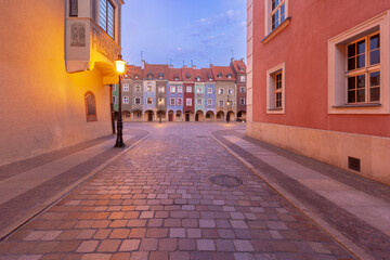 Facades of old colorful houses on the Town Hall Square in Poznan