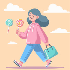 a girl with pink jacket walks while holding a lollipop