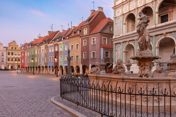 Facades of old colorful houses on the Town Hall Square in Poznan
