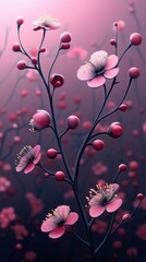 Close-Up of Branch with Soft Pink Flowers and Dark Red Buds Against Gradient Pink Background