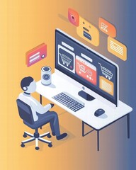 Person Using Computer for Online Shopping with Digital Interface Elements
