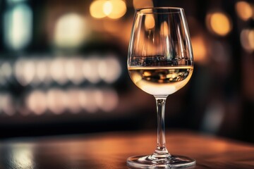 Obraz premium Elegant glass of white wine sits on a wooden table in a softly lit restaurant during a cozy evening. Generative AI