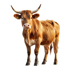Naklejka premium Brown Cow Standing Gracefully On Solid Surface With Clear Blue Sky Backgrounds and Greenery. , 