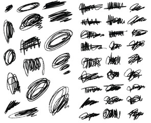 Vector set of grungy graphic elements. Street art texture hand drawn pencil underlines and strikethrough, scribble emphasis lines, crazy hatches, ovals and crosses. Each element is united and isolated