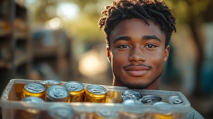 Young man carrying a box of soda cans, smiling at the camera.