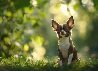 A small, cute Chihuahua dog sitting on the grass in a green park, with golden hour lighting, in a photorealistic style, reminiscent of National Geographic photography.