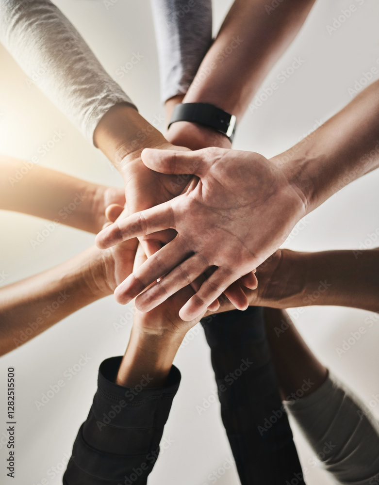 Poster people, hands and below with team for support, motivation or unity in solidarity. low angle, closeup