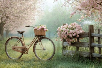 Pink blossom field scene with bicycle and fence