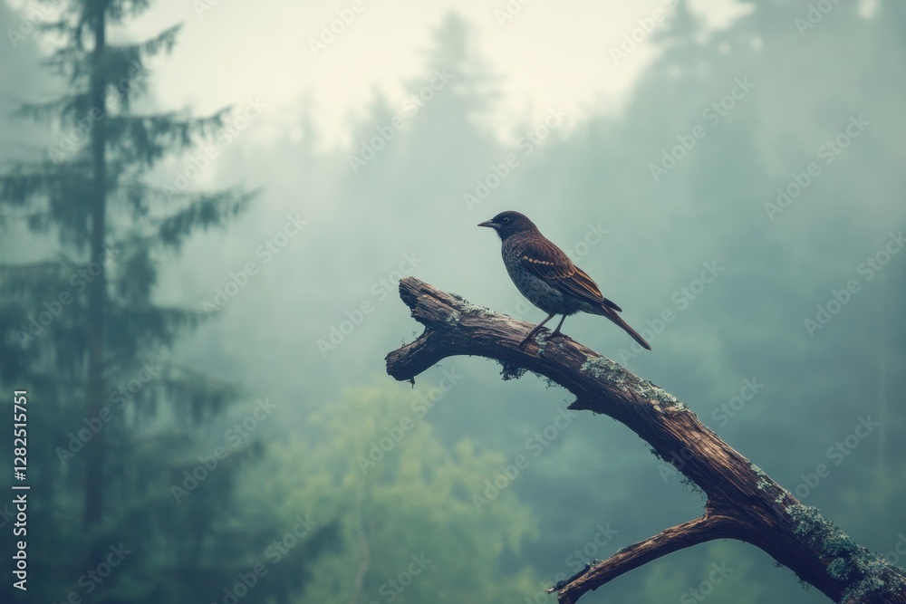 Poster Lone bird perched on a dead tree branch amidst foggy forest landscape with space for text. Generative AI
