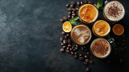 Assorted coffees and fresh orange juices arranged on a dark textured background