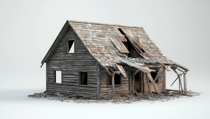 Deteriorated Wooden House Ruins Isolated Studio
